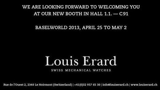Invitation to the Louis Erard Exhibit, April 25 - May 2, 2013 at Baselworld 2013, Hall 1.1, Booth C-91